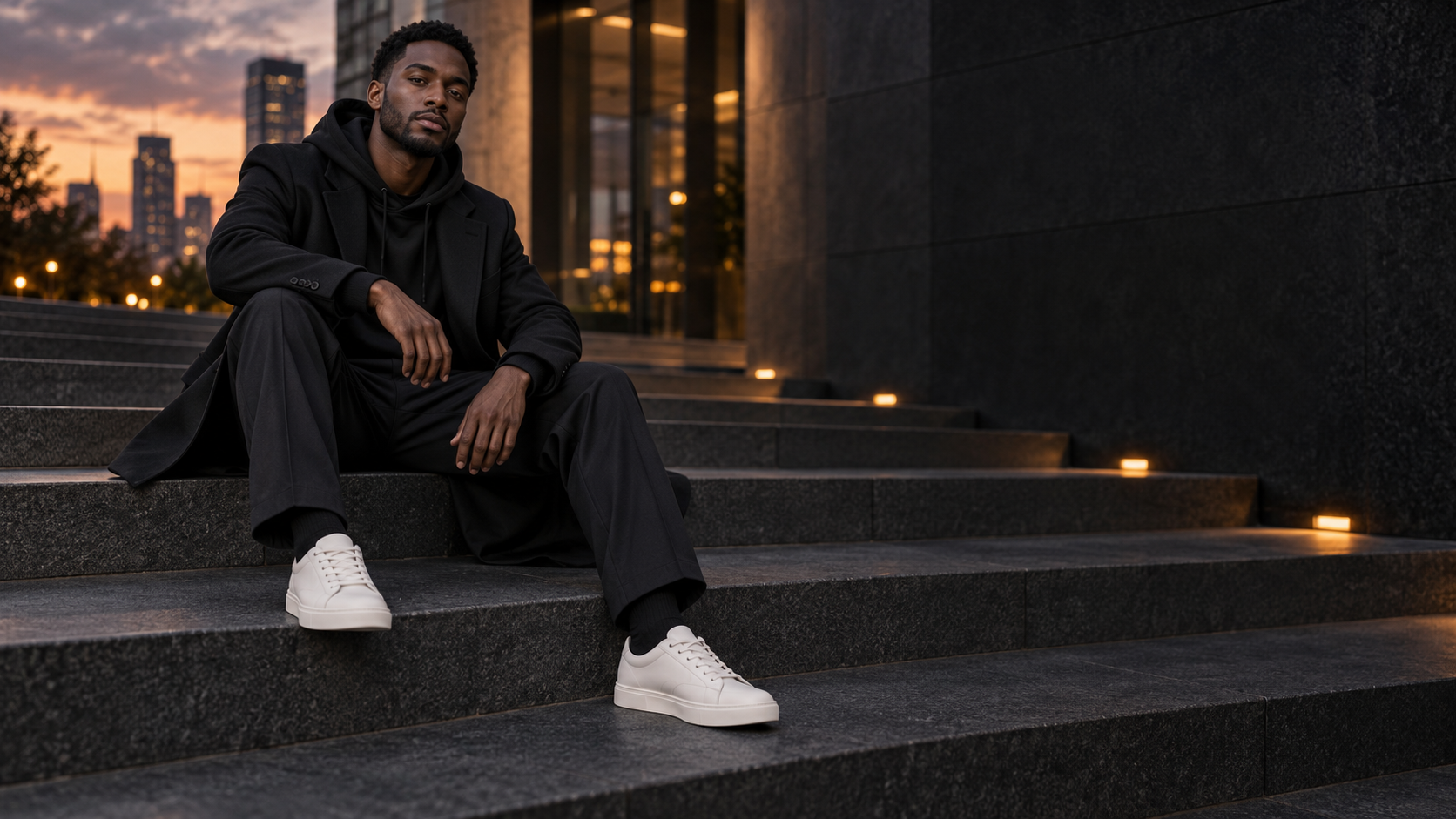 Modèle AKS en manteau élégant sur un hoodie et des sneakers, dans un décor urbain