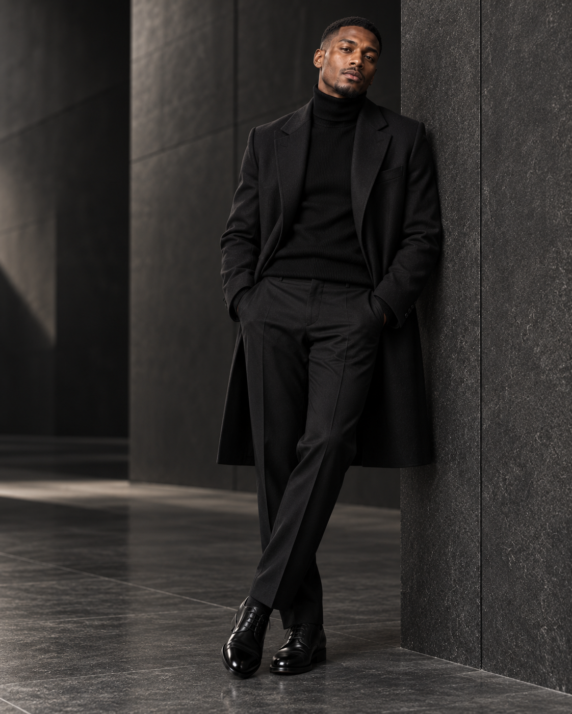 Modèle AKS en manteau noir devant une architecture contemporaine