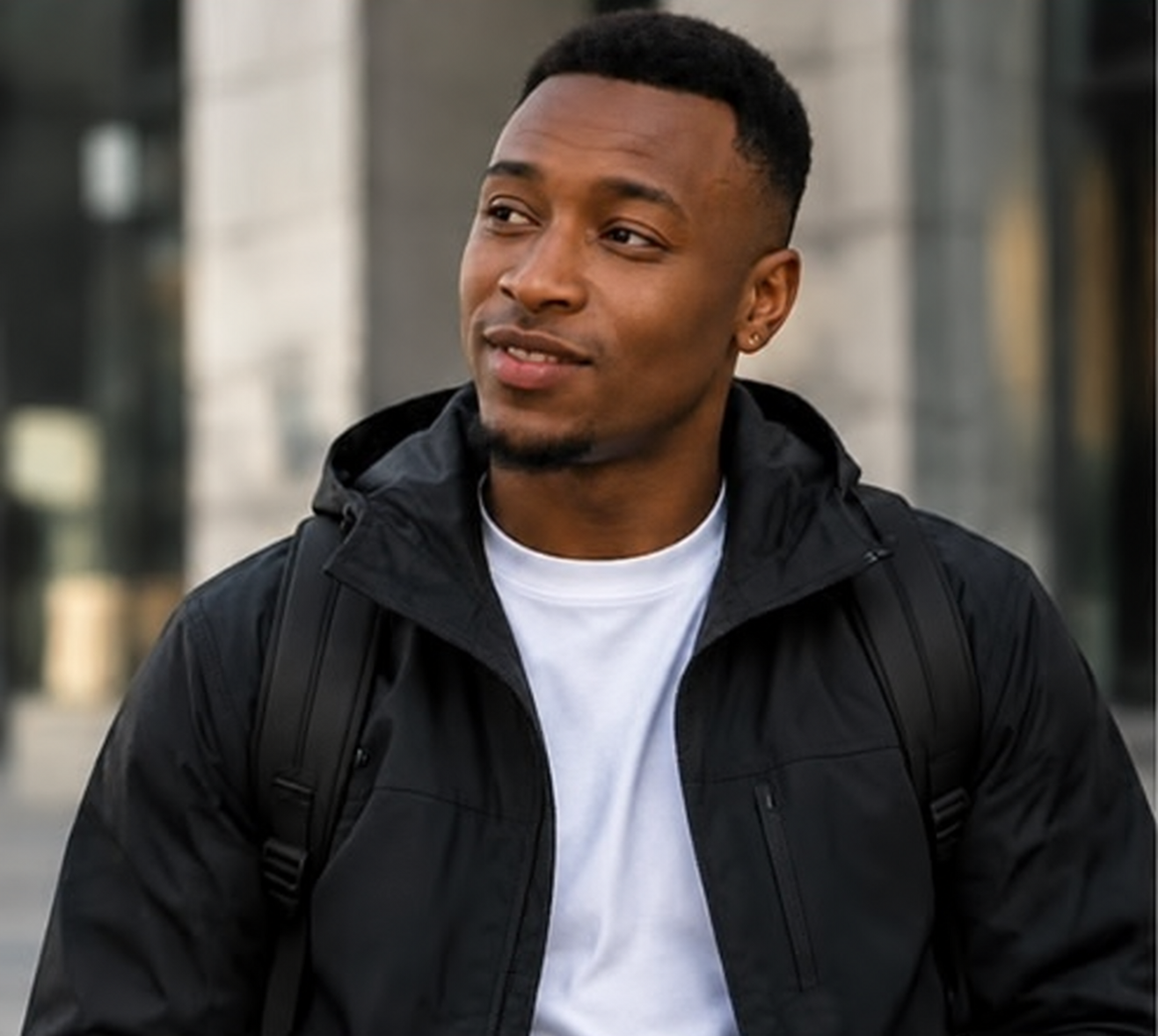 Le modèle AKS porte une veste noire unie, sans marque visible